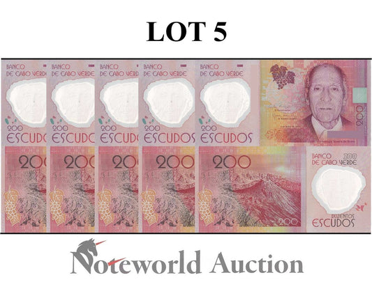 CAPE VERDE CABO VERDE Lot 5 pcs 1/20 Bundle - 200 Escudos 2014 P 71 Polymer UNC