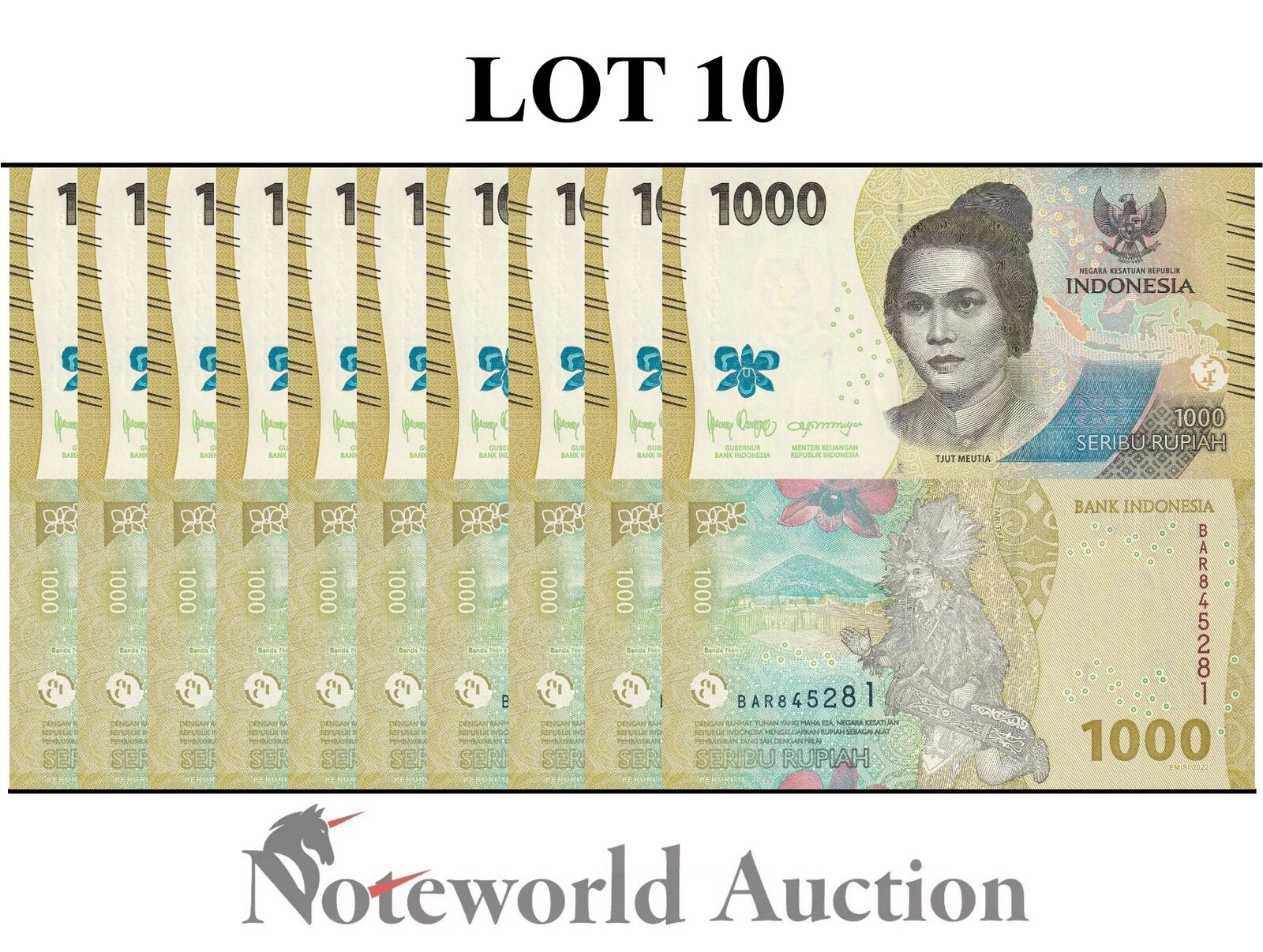 INDONESIA Lot 10 pcs 1/10 Bundle - 1000 Rupiah 2022 P 162 New design UNC