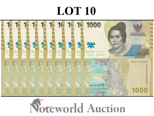 INDONESIA Lot 10 pcs 1/10 Bundle - 1000 Rupiah 2022 P 162 New design UNC