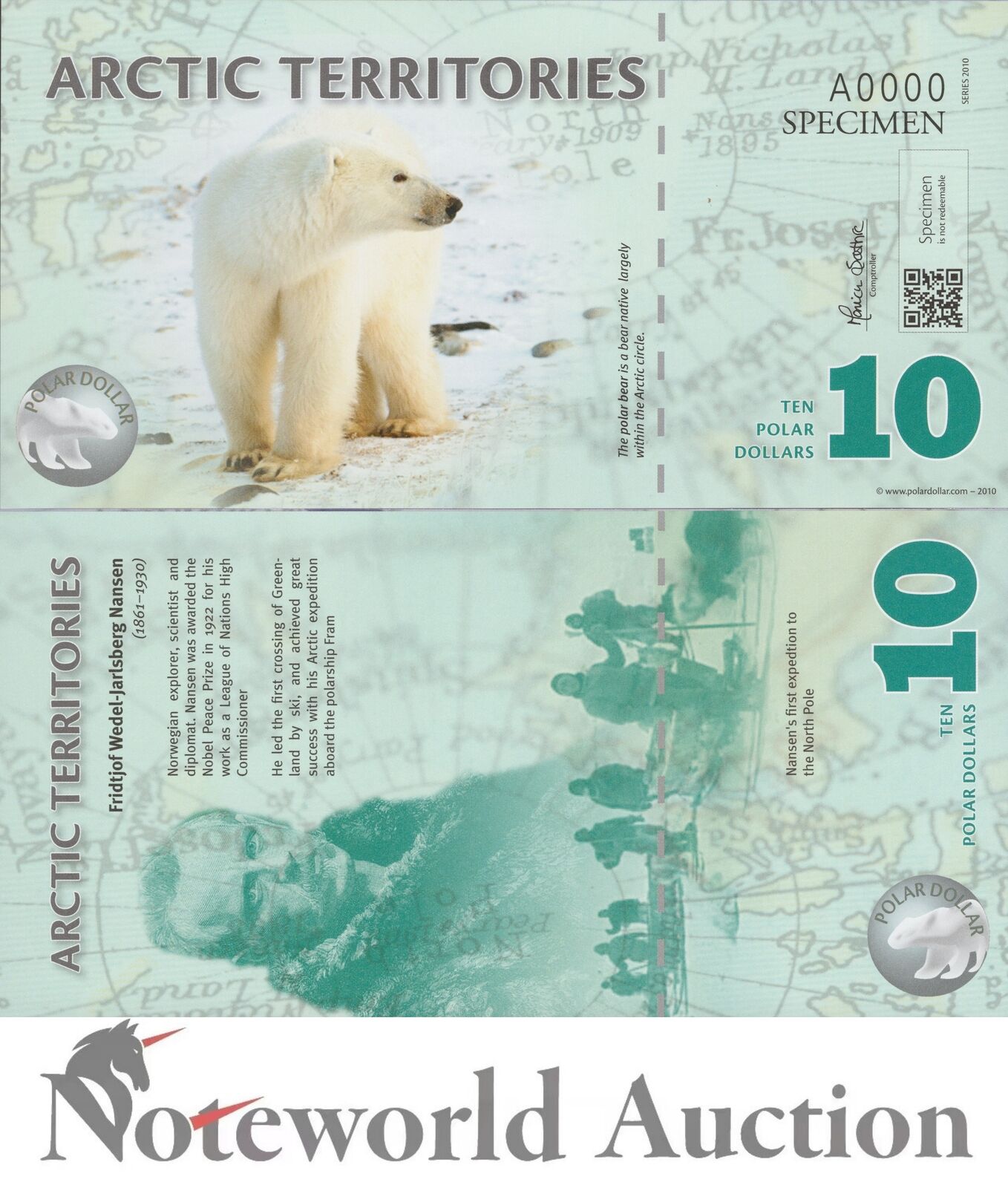 ARCTIC TERRITORIES TEST NOTE - 10 Dollars 2010 Polymer Specimen UNC