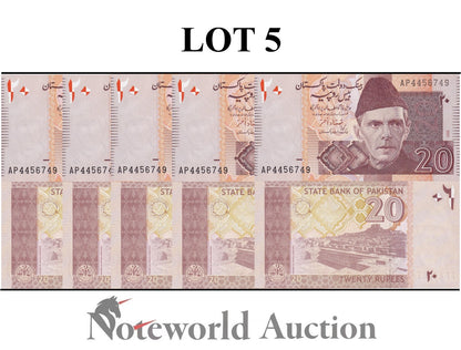 PAKISTAN 20 Rupees 2006 P 46b Lot 5 pcs 1/20 Bundle UNC