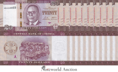 LIBERIA 20 Dollars 2022 P 39  Lot 10 p 1/10 Bundle  UNC
