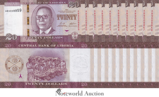 LIBERIA 20 Dollars 2022 P 39  Lot 10 p 1/10 Bundle  UNC