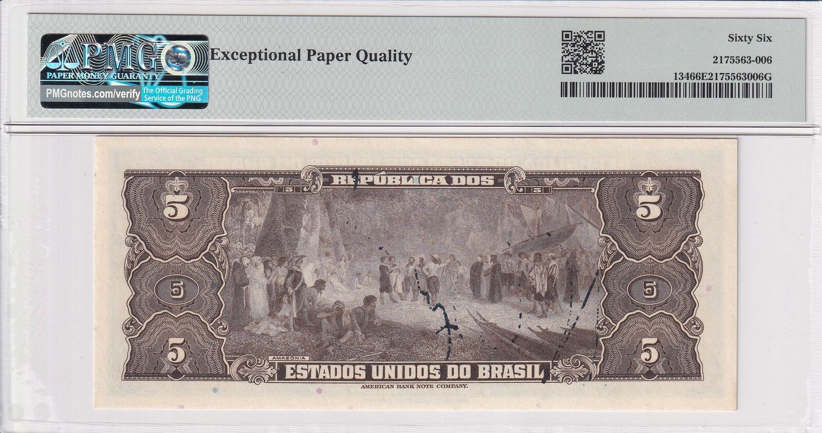 BRAZIL 5 Cruzeiros 1943 P 134 Hand Signed UNC PMG 66 EPQ