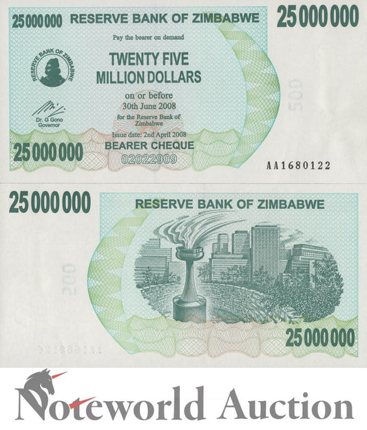 ZIMBABWE 25000000 Dollars 2008 P 56 First Prefix AA UNC