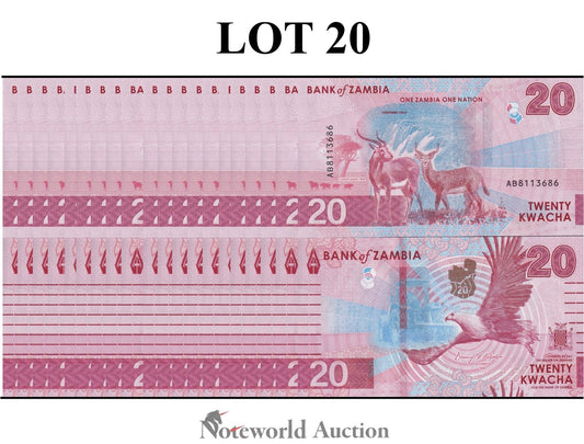 ZAMBIA 20 Kwacha 2024 2025 P New Issue LOT 20 pcs 1/5 Bundle UNC
