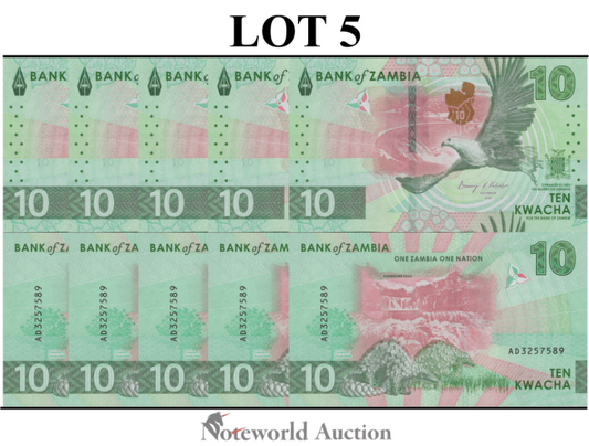 ZAMBIA 10 Kwacha 2024 2025 P New Issue Lot 5 pcs 1/20 Bundle UNC