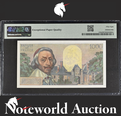 France Banque de France 1000 Francs 1953-56 P 134a AU PMG 58 EPQ