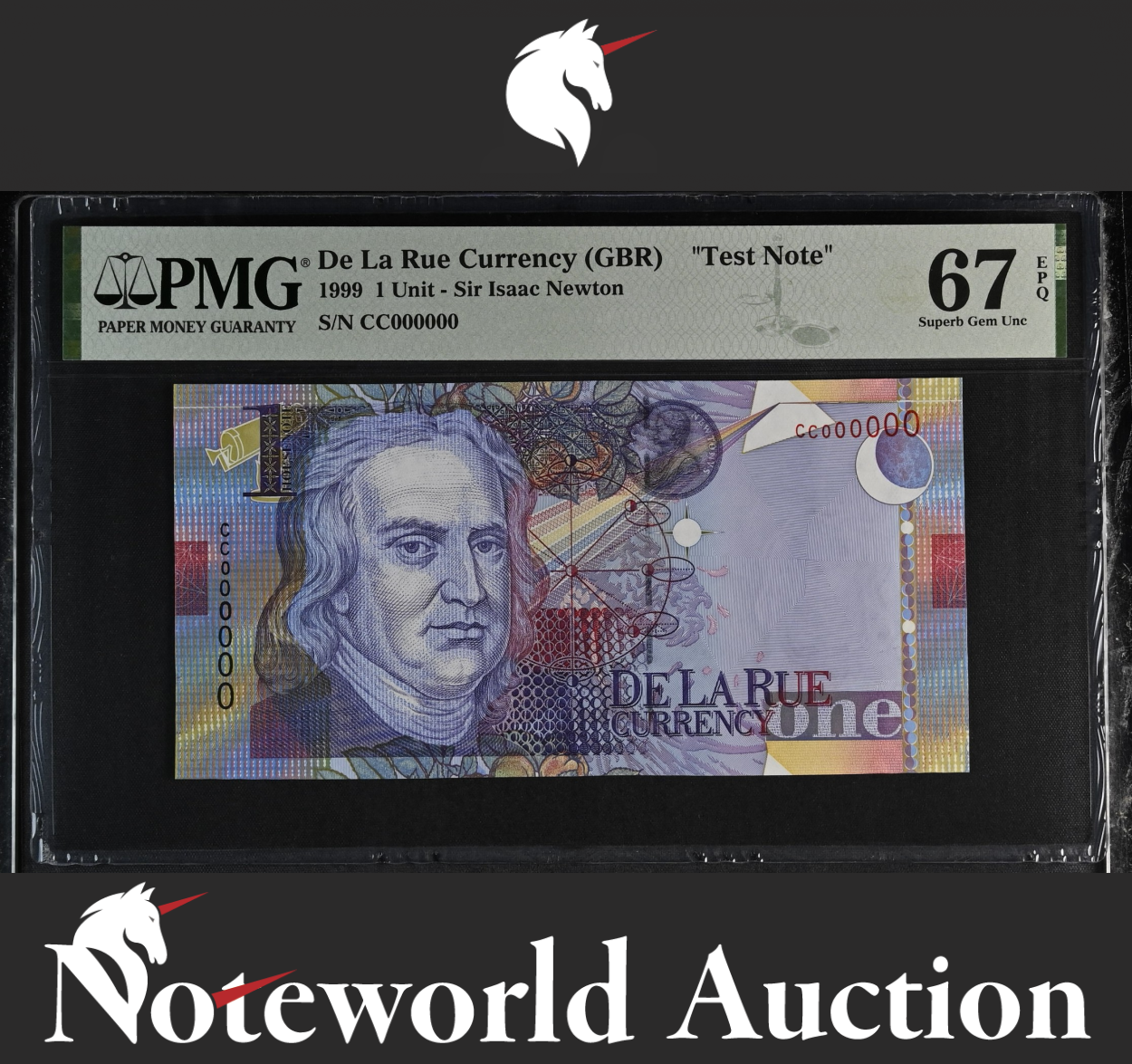 De La Rue (GBR) TEST NOTE - 1 Unit 1999 Sir Isaac Newton Specimen UNC PMG 67 EPQ