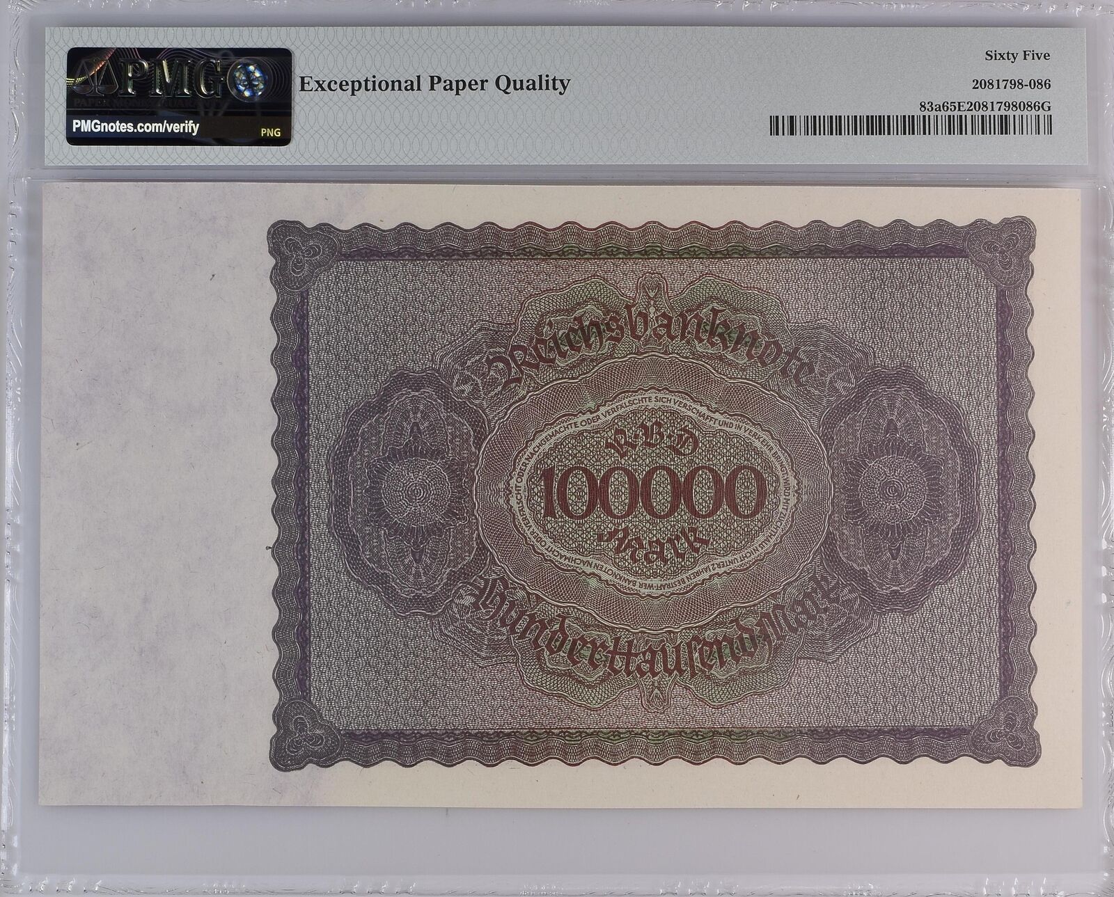 GERMANY REPUBLIC TREASURY 100000 Mark 1923 P 83a without ''T'' UNC PMG 65 EPQ