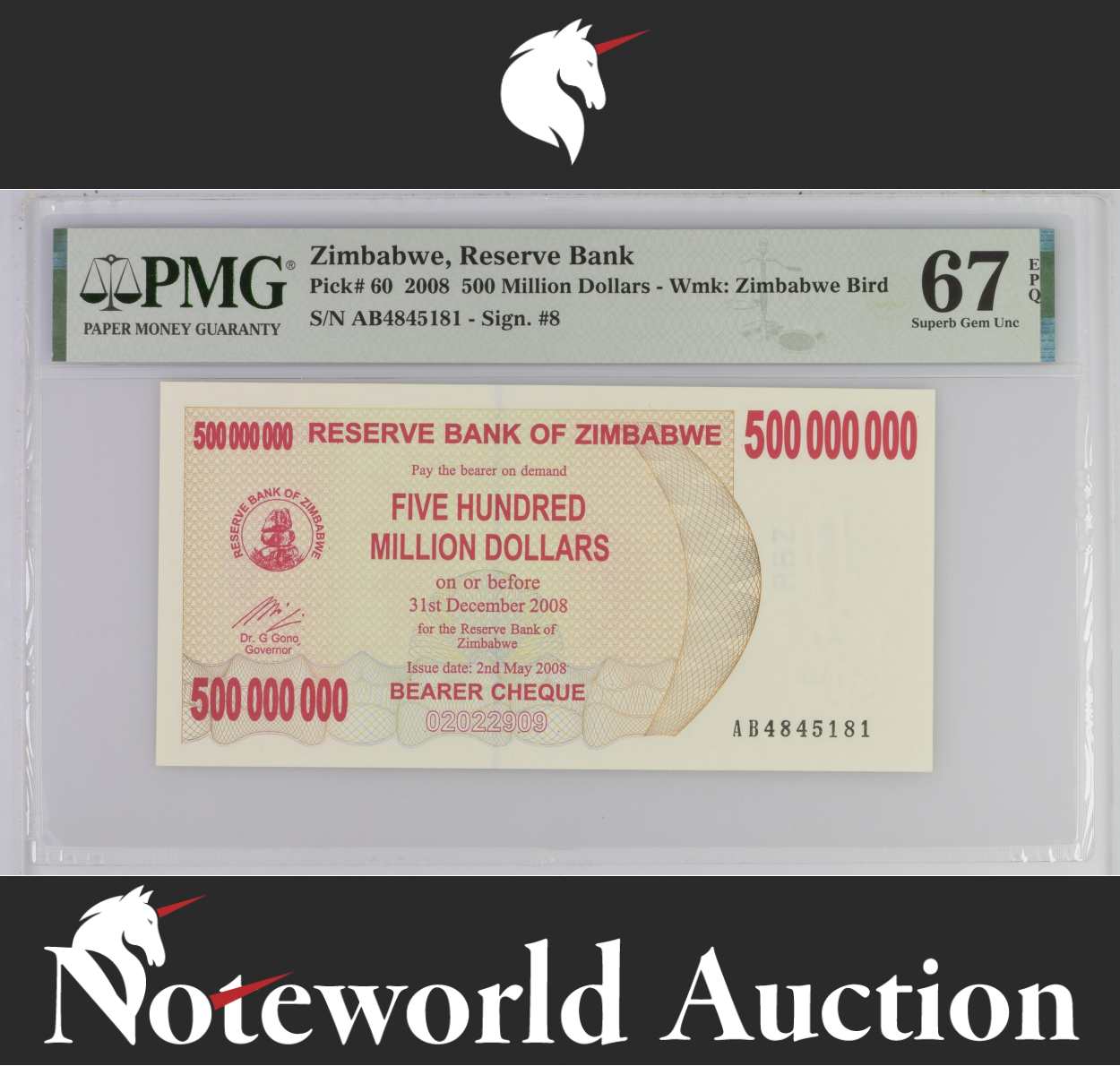 Zimbabwe 500 Million Dollars 2008 P 60 Superb Gem UNC PMG 67 EPQ