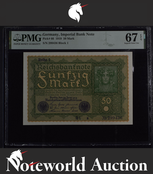 Germany Imperial Bank Note 50 Mark 1919 P 66 UNC PMG 67 EPQ 2nd TOP POP