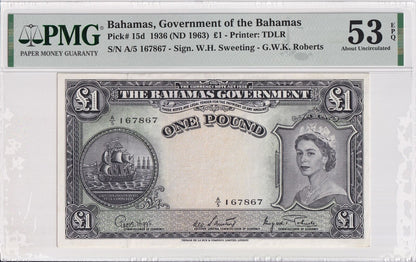 BAHAMAS 1 Pound 1936(1963) P 15d AU PMG 53 EPQ