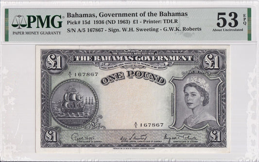 BAHAMAS 1 Pound 1936(1963) P 15d AU PMG 53 EPQ