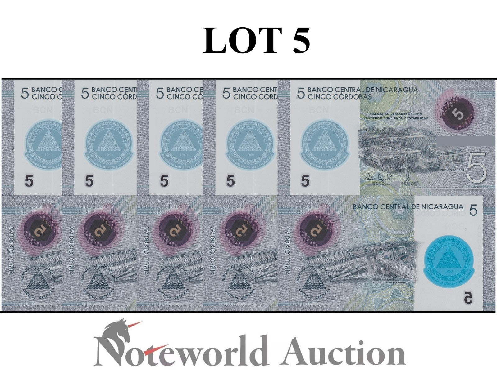 NICARAGUA 5 Cordobas 2019 P 219 COMM. Polymer Lot 5 pcs 1/20 Bundle UNC