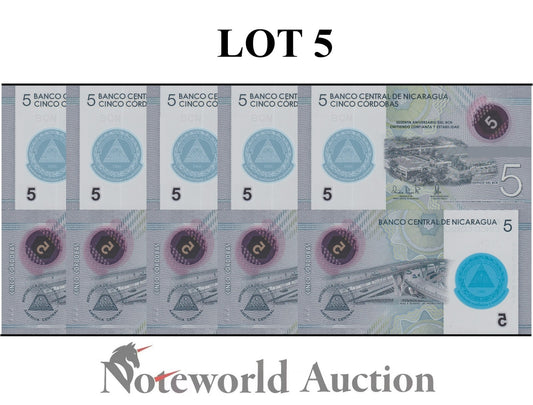 NICARAGUA 5 Cordobas 2019 P 219 COMM. Polymer Lot 5 pcs 1/20 Bundle UNC