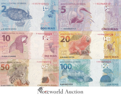BRAZIL 2 5 10 20 50 100 Reais 2010 P 252 253 254 255 256 257 Set 6 pcs UNC
