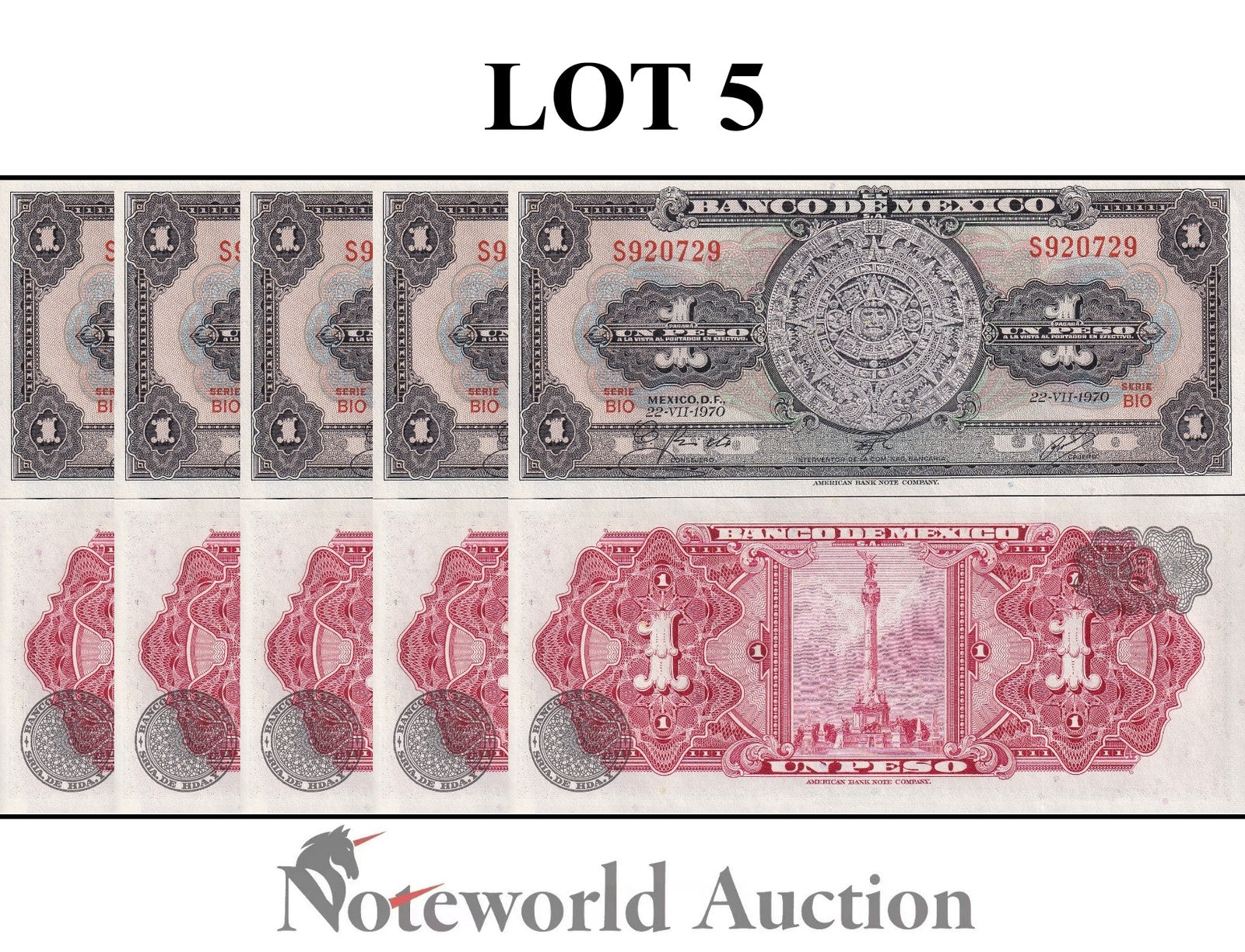 MEXICO 1 Peso 1970 P 59l  Lot 5 pcs 1/20 Bundle UNC