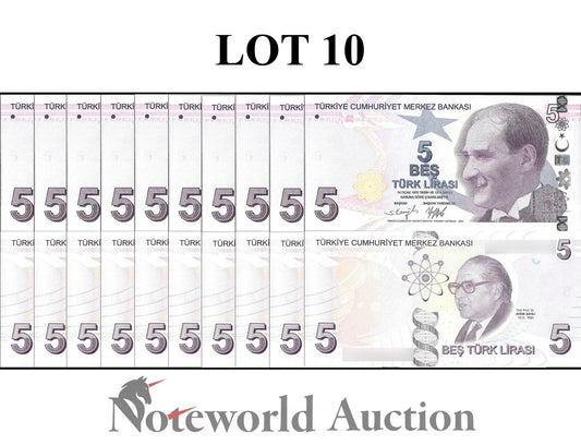 TURKEY 5 Turk Lirasi 2009/2022 P 222 Lot 10 pcs 1/10 Bundle UNC