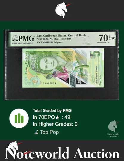 East Caribbean States 5 2021 P 55Aa Radar S/N 988889 UNC PMG 70 EPQ STAR TOP POP