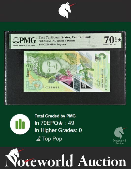 East Caribbean States 5 2021 P 55Aa Radar S/N 988889 UNC PMG 70 EPQ STAR TOP POP