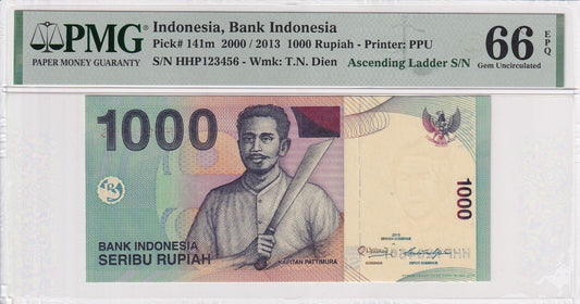 INDONESIA 1000 2000/2013 P 141m UNC PMG 66 EPQ Fancy ASCENDING LADDER NO.123456