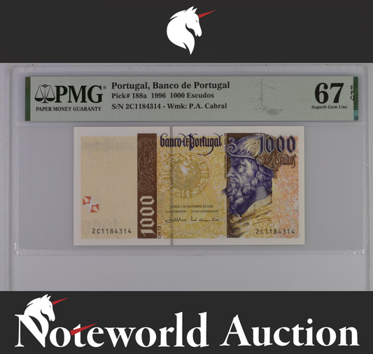 Portugal Banco de Portugal 1000 Escudos 1996 P 188a UNC PMG 67 EPQ 2nd TOP POP