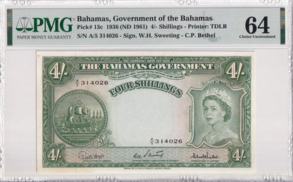 BAHAMAS 4/- Shillings 1936(1961) P 13c UNC PMG 64