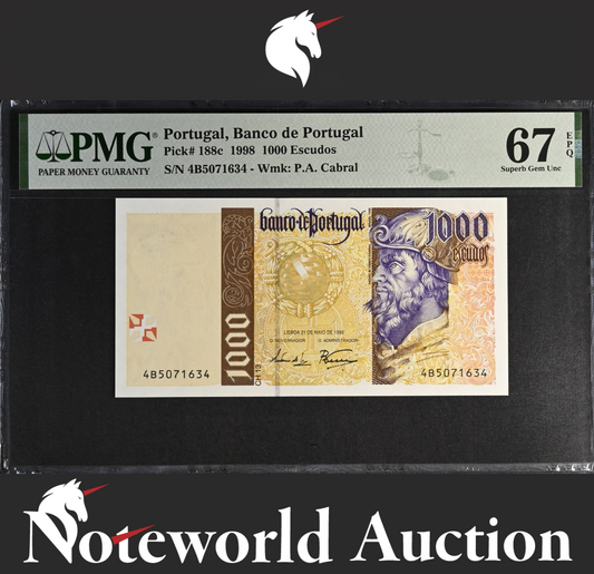 Portugal Banco de Portugal 1000 Escudos 1998 P 188c UNC PMG 67 EPQ