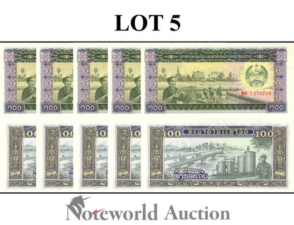 LAOS Lot 5 pcs 1/20 Bundle - 100 Kip 1979 P 30 UNC