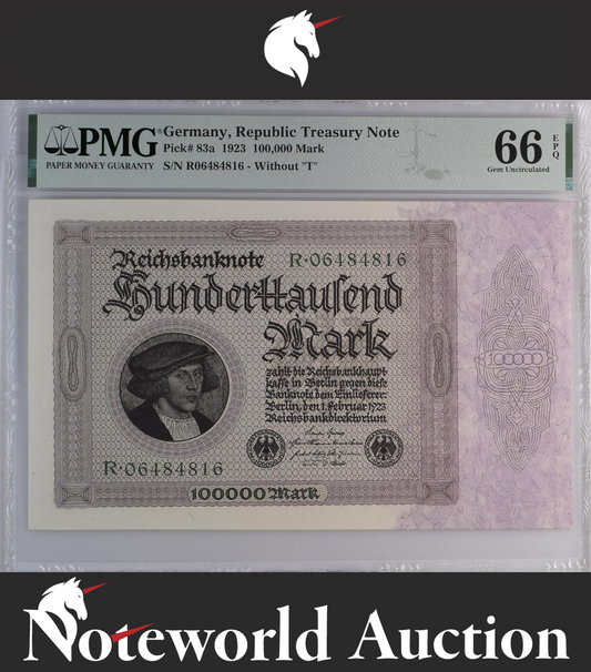 Germany Republic Treasury Note 100000 Mark 1923 P 83a UNC PMG 66 EPQ 2nd TOP POP