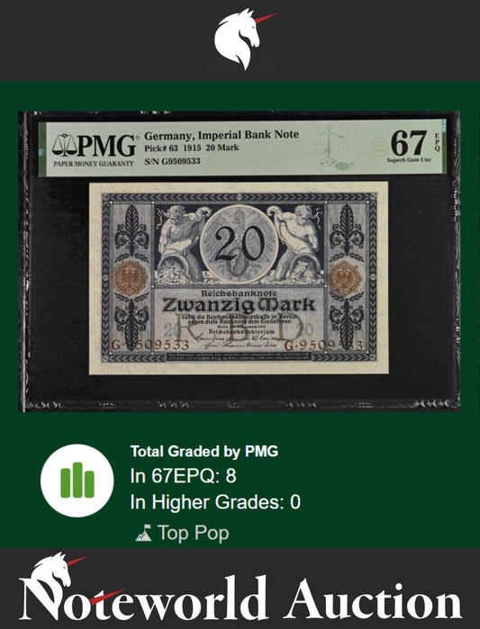 Germany Imperial Bank Note 20 Mark 1915 P 63 UNC PMG 67 EPQ TOP POP