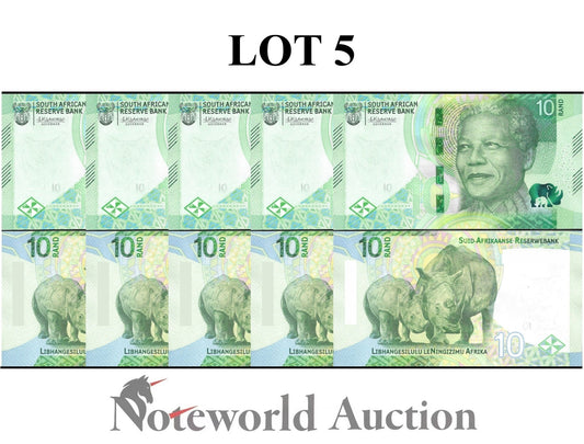 SOUTH AFRICA 10 Rand 2023 P 148 Lot 5 pcs 1/20 Bundle UNC