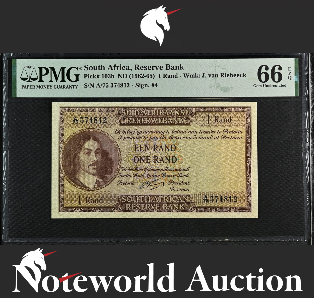 South Africa Reserve Bank 1 Rand ND (1962-65) P 103b UNC PMG 66 EPQ NR