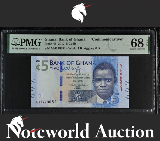 Ghana Bank of Ghana Commemorative 5 Cedis 2017 P 43 UNC PMG 68 EPQ TOP POP