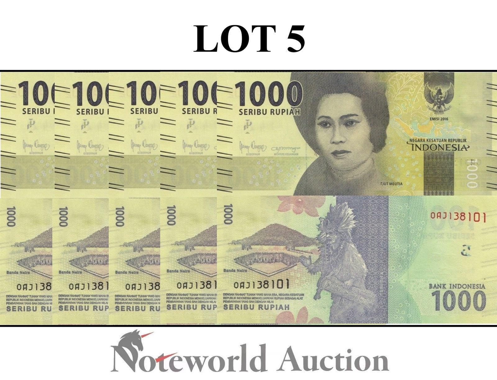 INDONESIA 1000 Rupiah 2016/2018 P 154c(1) Lot 5 pcs 1/20 Bundle UNC