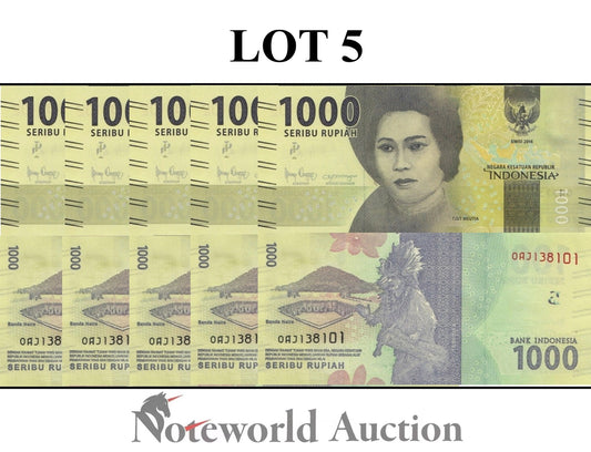 INDONESIA 1000 Rupiah 2016/2018 P 154c(1) Lot 5 pcs 1/20 Bundle UNC