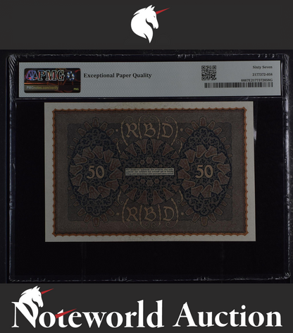 Germany Imperial Bank Note 50 Mark 1919 P 66 UNC PMG 67 EPQ 2nd TOP POP