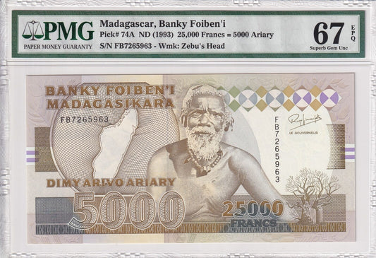 MADAGASCAR 25000 Francs 5000 Ariary ND(1993) P 74A UNC PMG 67 EPQ