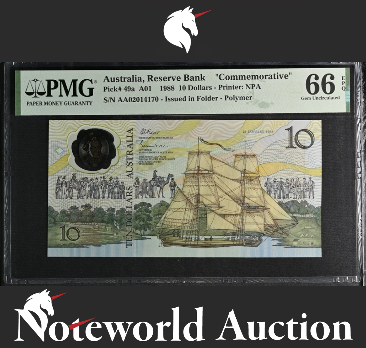 Australia Commemorative 10 Dollars 1988 P 49a Polymer Prefix AA UNC PMG 66 EPQ