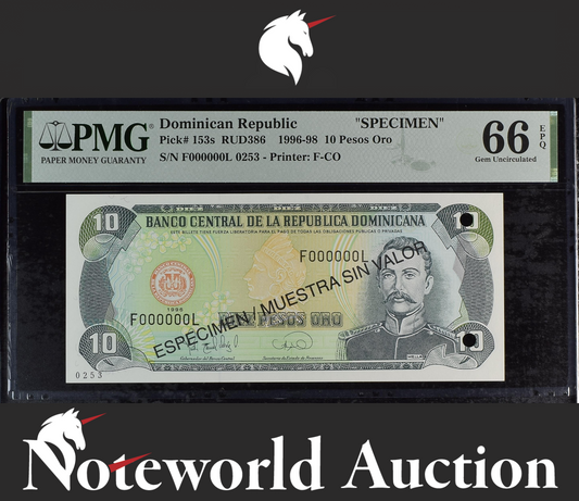 Dominican Republic SPECIMEN 10 Pesos 1996-98 P 153s UNC PMG 66 EPQ 2nd TOP POP