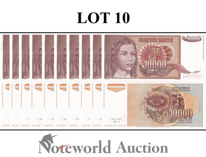 YUGOSLAVIA Lot 10 pcs 1/10 Bundle - 10000 Dinara 1992 P 116a Replacement ZA UNC