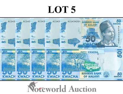 MALAWI Lot 5 pcs 1/20 Bundle - 50 Kwacha 2012 P 58a UNC