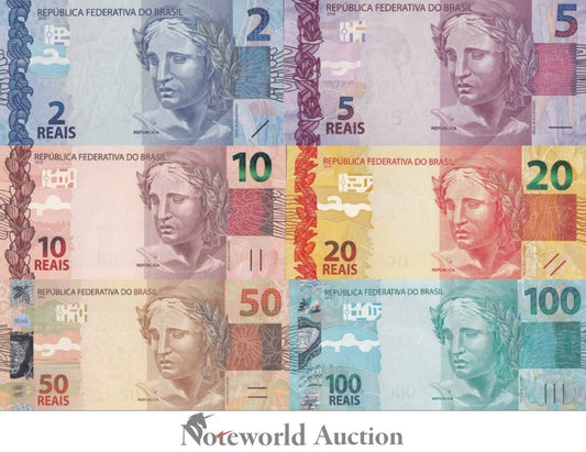 BRAZIL 2 5 10 20 50 100 Reais 2010 P 252 253 254 255 256 257 Set 6 pcs UNC