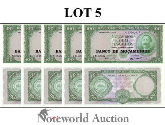 MOZAMBIQUE 100 Escudoa 1961(1976) P 117 Lot 5 pcs 1/20 Bundle UNC