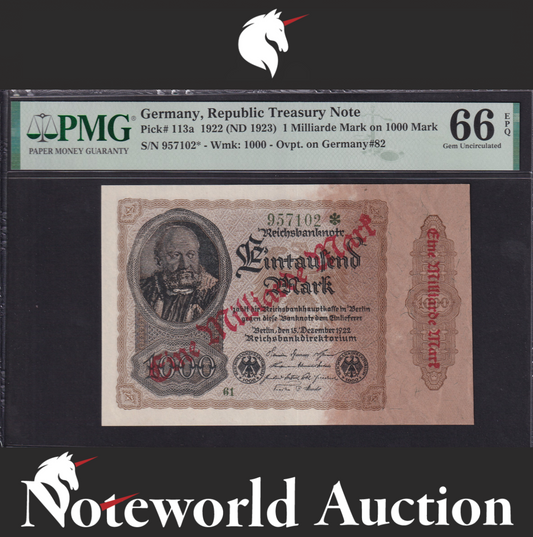 Germany 1 Milliarde on 1000 Mark 1922 P 113a UNC PMG 66 EPQ 2nd TOP POP