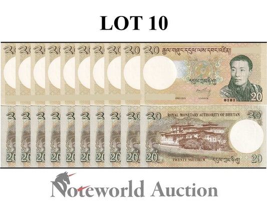 BHUTAN Lot 10 pcs 1/10 Bundle - 20 Ngultrum 2013 P 30b UNC