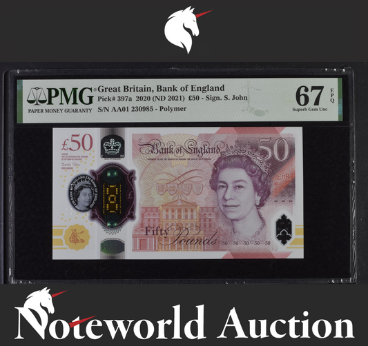 Great Britain 50 Pounds 2020 ND 2021 P 397a Polymer Prefix AA01 UNC PMG 67 EPQ