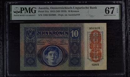 AUSTRIA 10 Kronen 1915 P 51a 2nd Top Pop UNC PMG 67 EPQ