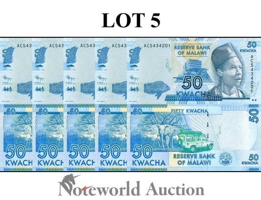 MALAWI 50 Kwacha 2012 P 58a Lot 5 pcs 1/20 Bundle UNC